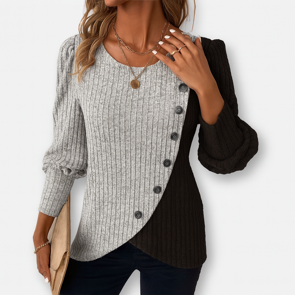 Farveblokket trøje med asymmetrisk skæring – Slående stil møder hverdagskomfort