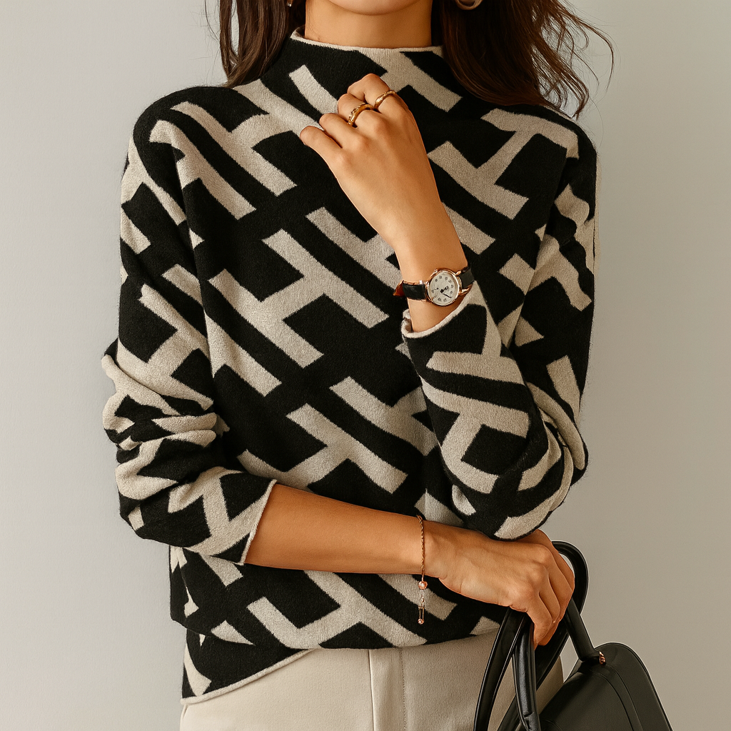 Pullover med geometrisk mønster og høj krave – Slående & Moderne