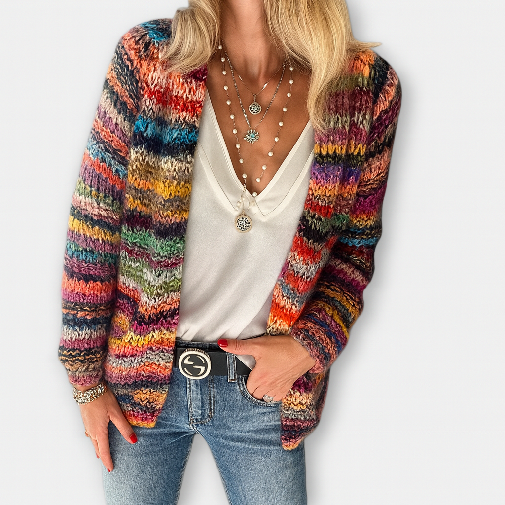 Farverig Strikket Cardigan – Udtryksfulde Farveaccenter